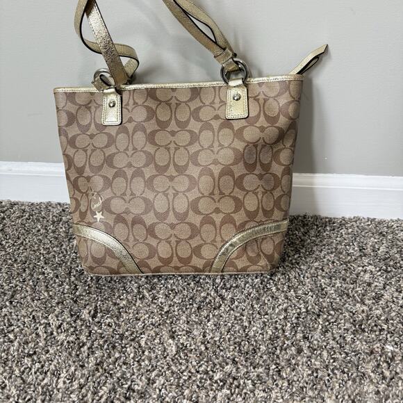 Coach Heritage Star Print Brown Gold Double Handle Shoulder Bag F18853 - Picture 2 of 12